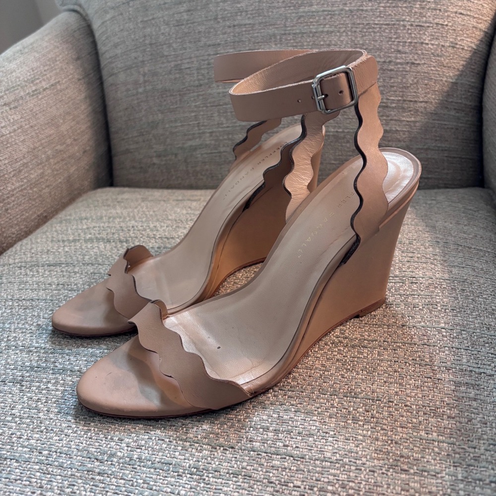 Loeffler Randall Emi Nude Leather Scalloped Wedge Sandals Ankle Strap Tan Size 8